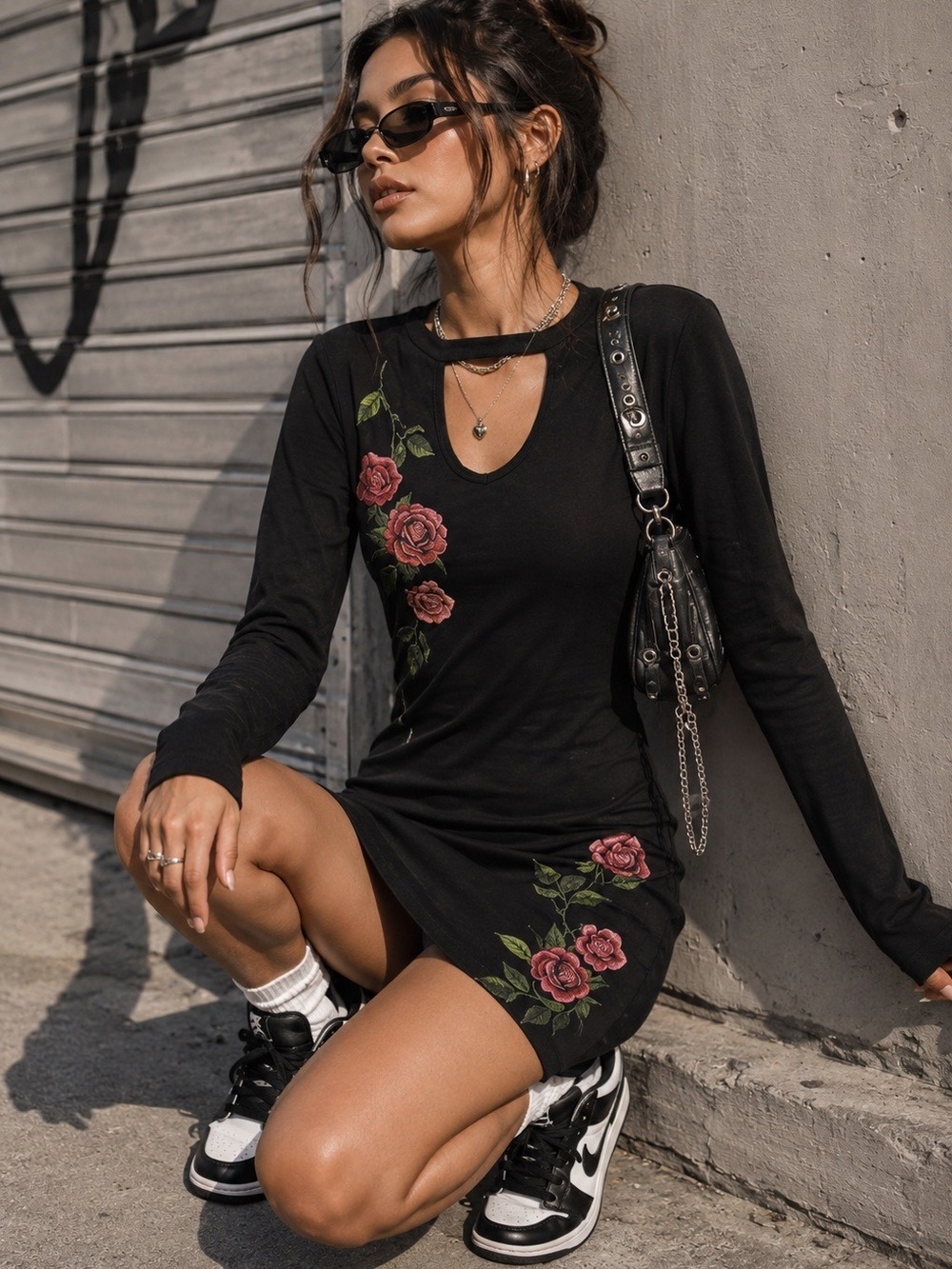 Derek Heart Black Floral Bodycon Dress Cutout Neck Size M